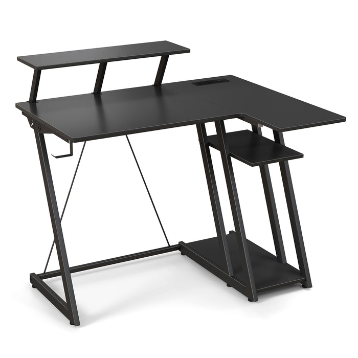 Gaming Station Desk - L-Shaped Design with Utility Monitor Shelf and Integrated USB Ports and Outlets - Ideal for Gamers and Multi-Monitor Setups