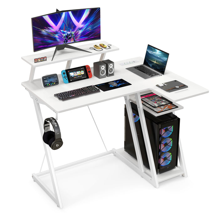 Gaming Station Desk - L-Shaped Design with Utility Monitor Shelf and Integrated USB Ports and Outlets - Ideal for Gamers and Multi-Monitor Setups