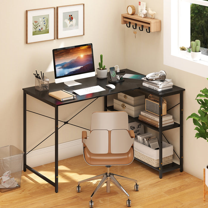 L-shaped Desk with Power Outlet with Reversible Adjustable Storage Shelves-