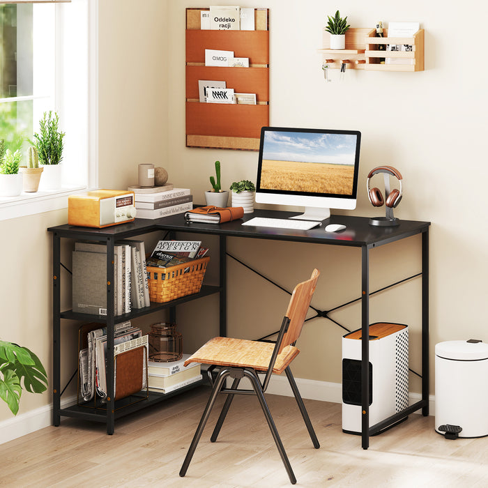 L-shaped Desk with Power Outlet with Reversible Adjustable Storage Shelves-