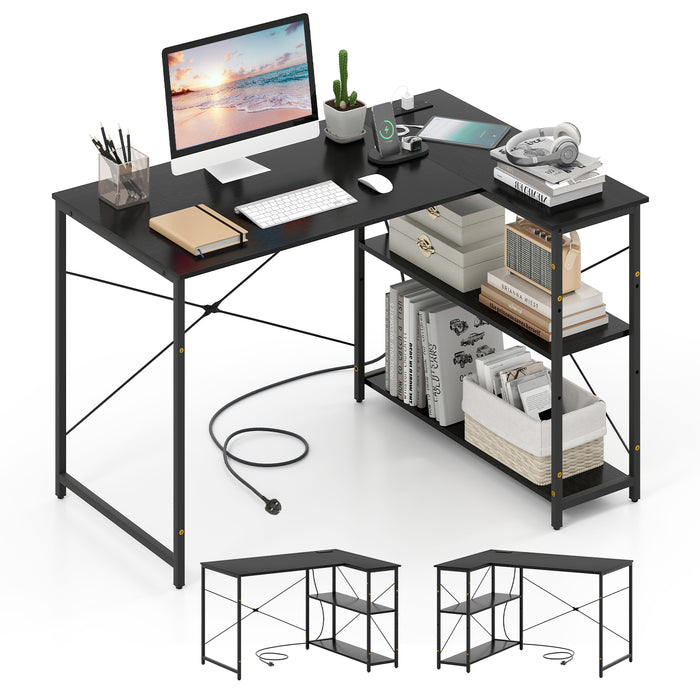 L-shaped Desk with Power Outlet with Reversible Adjustable Storage Shelves-