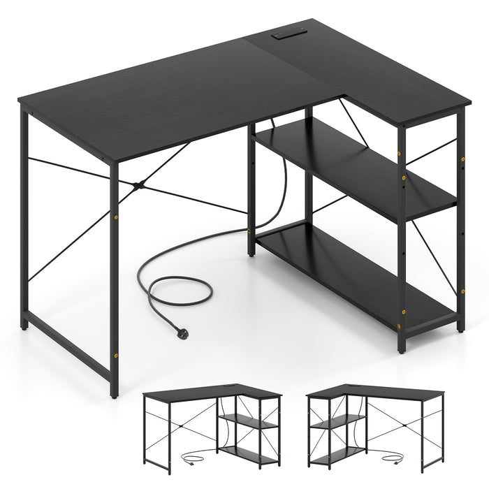 L-shaped Desk with Power Outlet with Reversible Adjustable Storage Shelves-