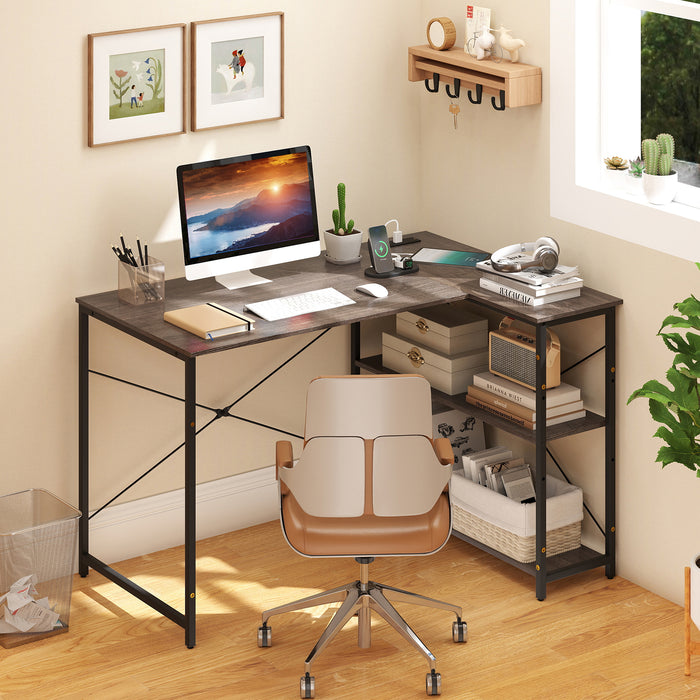 L-shaped Desk with Power Outlet with Reversible Adjustable Storage Shelves-