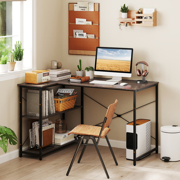 L-shaped Desk with Power Outlet with Reversible Adjustable Storage Shelves-
