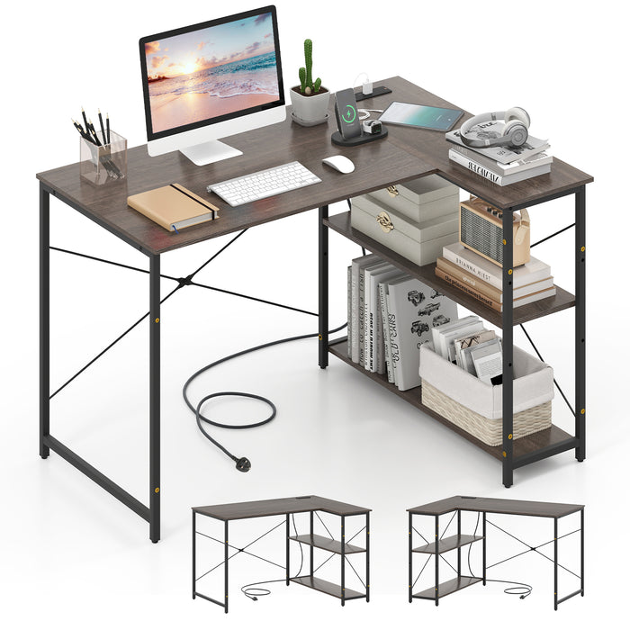 L-shaped Desk with Power Outlet with Reversible Adjustable Storage Shelves-