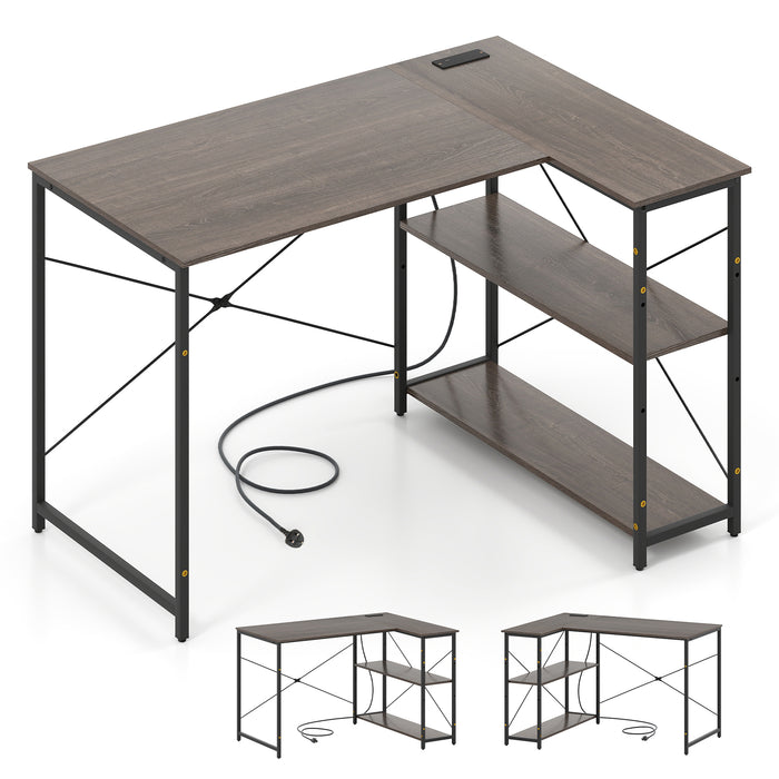 L-shaped Desk with Power Outlet with Reversible Adjustable Storage Shelves-