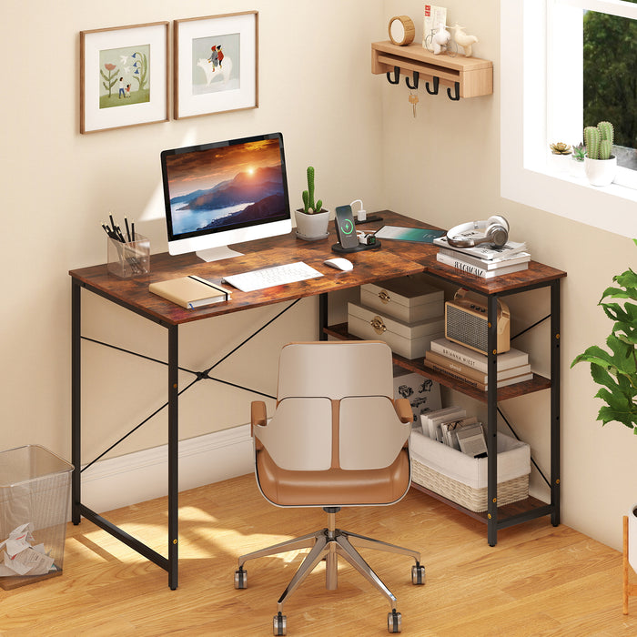 L-shaped Desk with Power Outlet with Reversible Adjustable Storage Shelves-