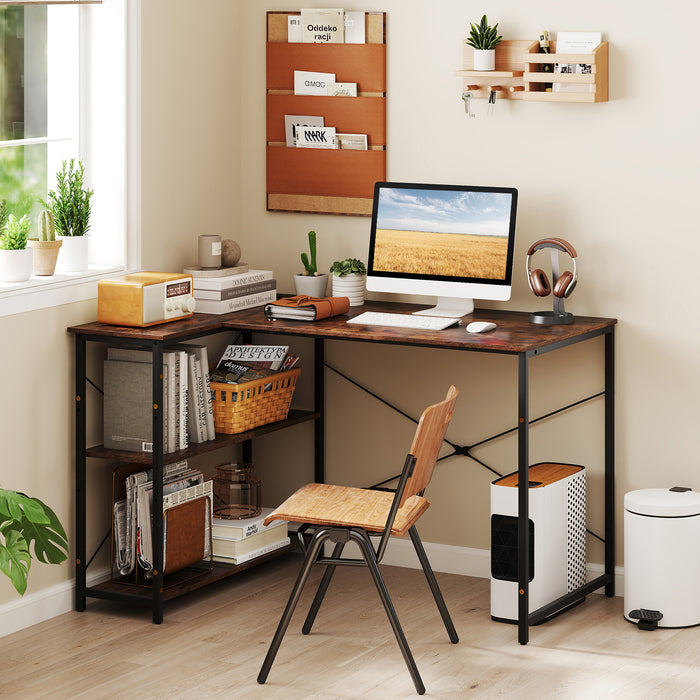 L-shaped Desk with Power Outlet with Reversible Adjustable Storage Shelves-