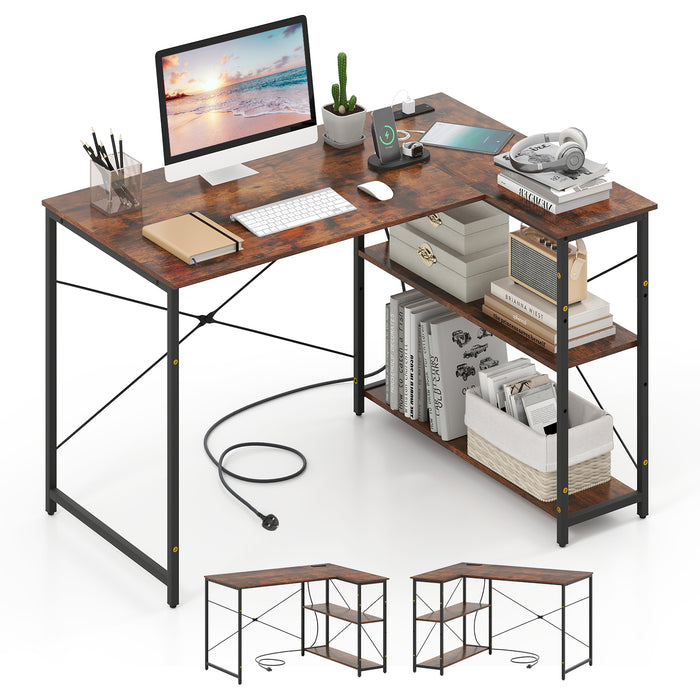 L-shaped Desk with Power Outlet with Reversible Adjustable Storage Shelves-