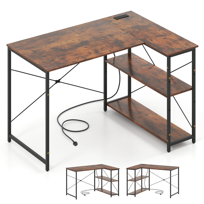 L-shaped Desk with Power Outlet with Reversible Adjustable Storage Shelves-