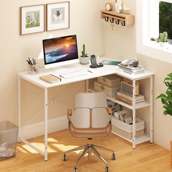 L-shaped Desk with Power Outlet with Reversible Adjustable Storage Shelves-