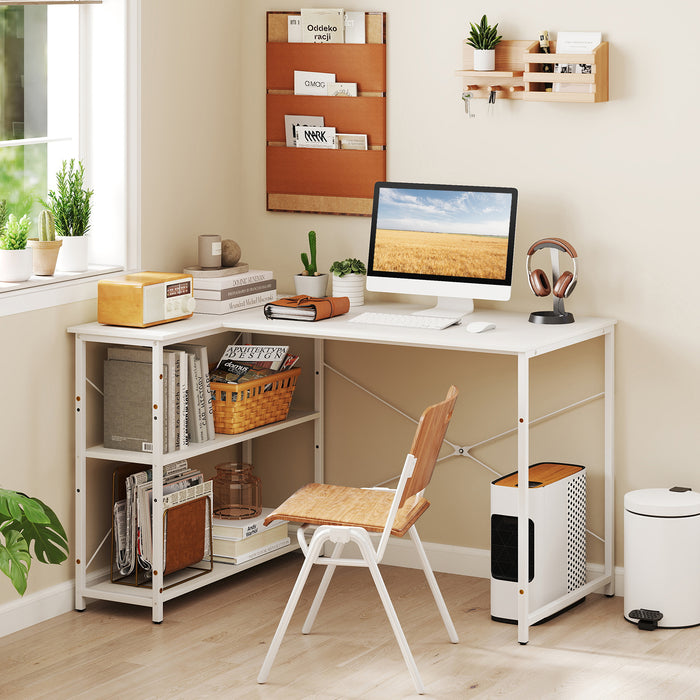 L-shaped Desk with Power Outlet with Reversible Adjustable Storage Shelves-