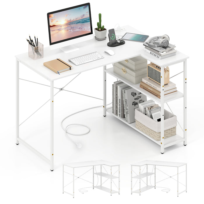 L-shaped Desk with Power Outlet with Reversible Adjustable Storage Shelves-