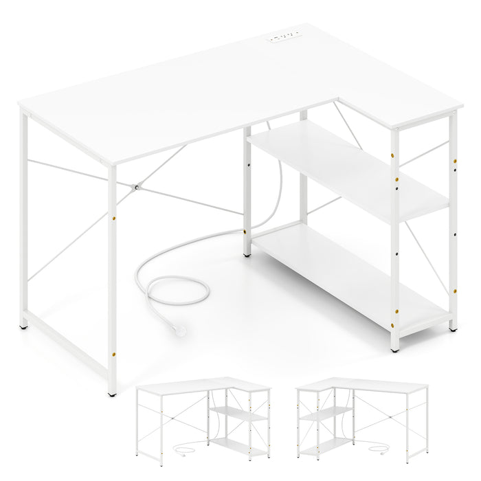 L-shaped Desk with Power Outlet with Reversible Adjustable Storage Shelves-