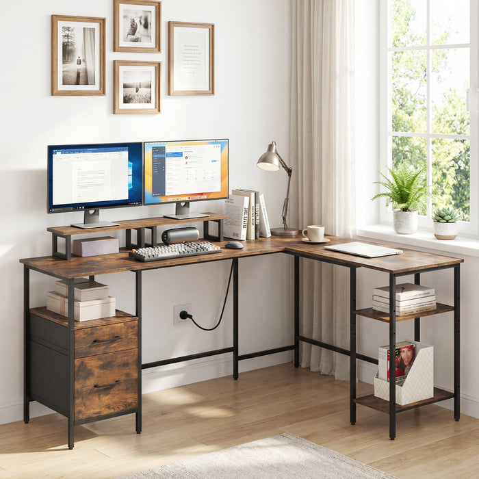 L-shaped Desk with Power Outlets Monitor Stand 2 Drawers and Adjustable Shelf-
