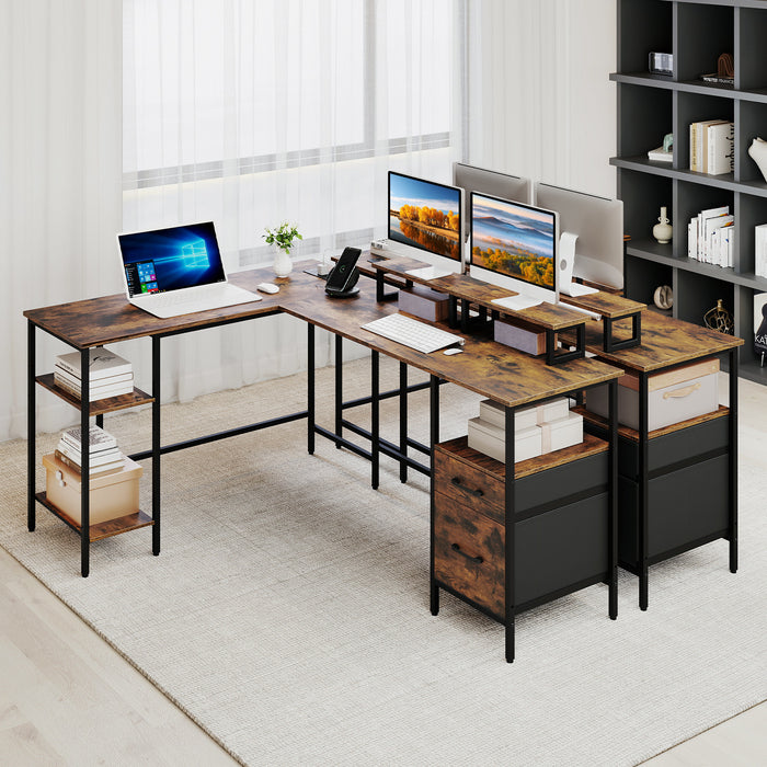 L-shaped Desk with Power Outlets Monitor Stand 2 Drawers and Adjustable Shelf-