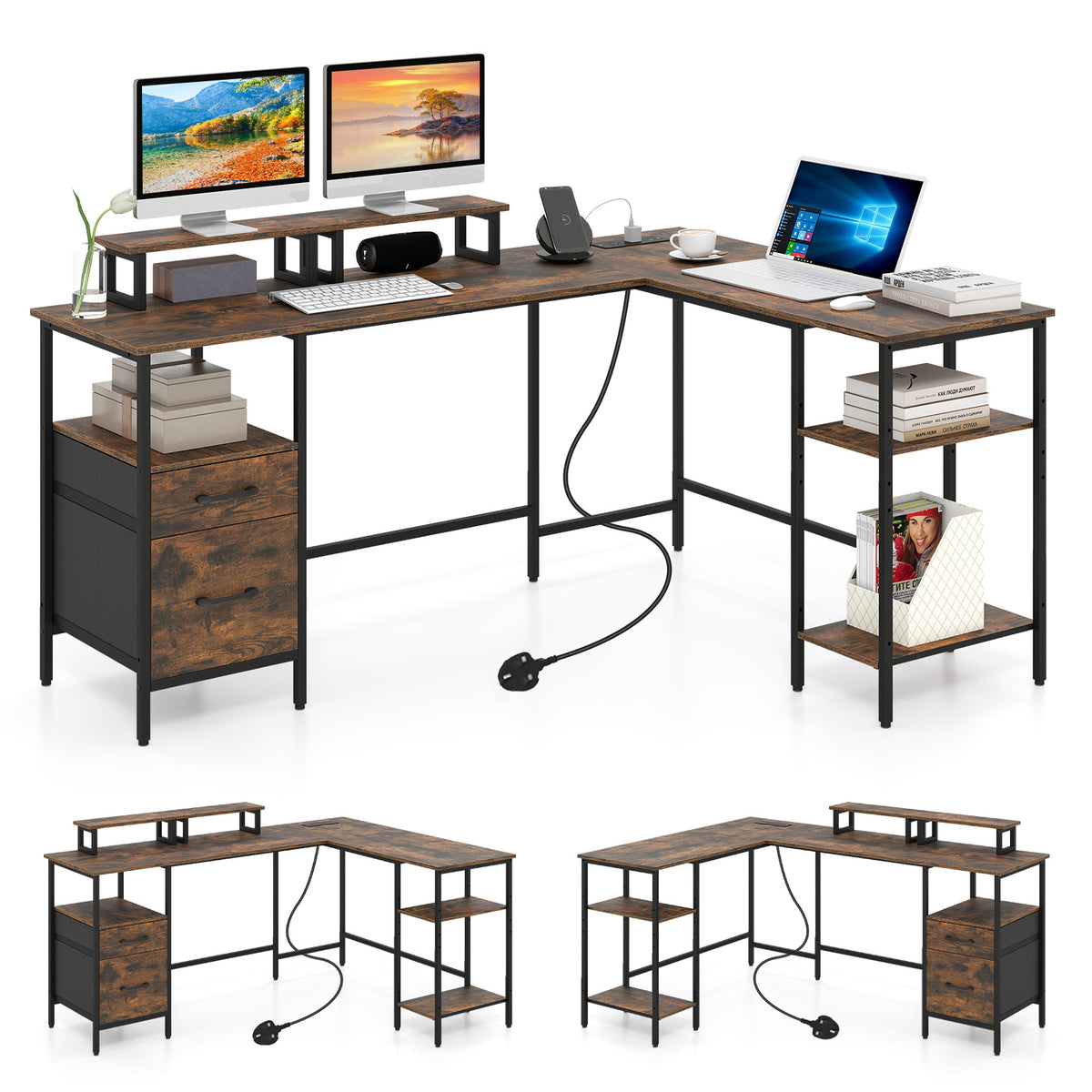L-shaped Desk with Power Outlets Monitor Stand 2 Drawers and Adjustable Shelf-