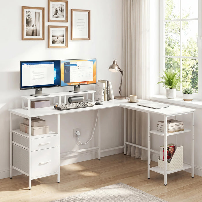 L-shaped Desk with Power Outlets Monitor Stand 2 Drawers and Adjustable Shelf-