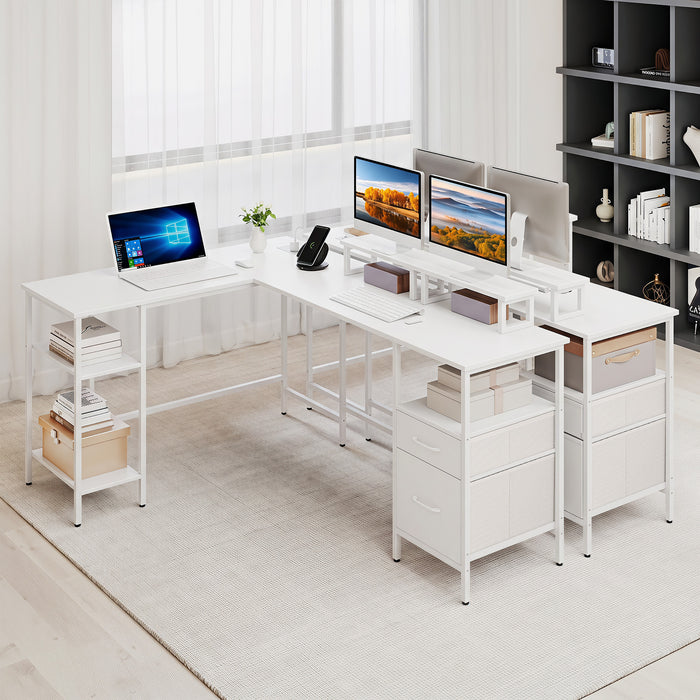 L-shaped Desk with Power Outlets Monitor Stand 2 Drawers and Adjustable Shelf-