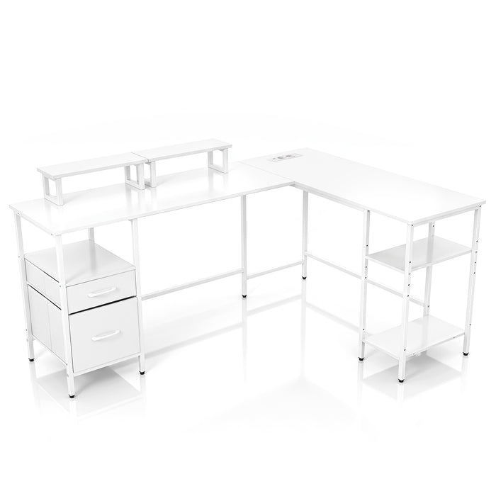 L-shaped Desk with Power Outlets Monitor Stand 2 Drawers and Adjustable Shelf-