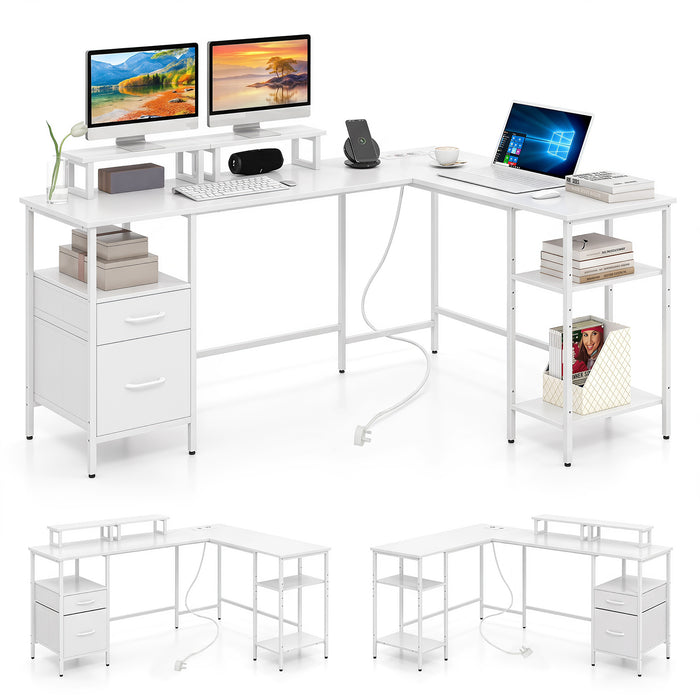 L-shaped Desk with Power Outlets Monitor Stand 2 Drawers and Adjustable Shelf-
