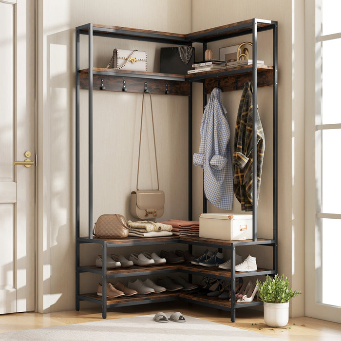 L-shaped Clothes Corner Garment Rack with Open Shelves and 7 Hooks-Walnut