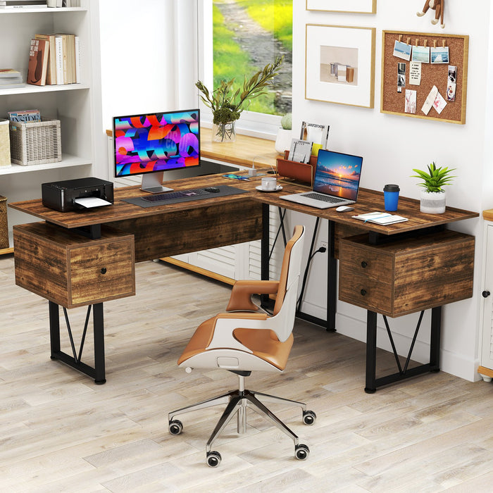 L-shaped Computer Desk with Power Outlets 3 Storage Drawers-
