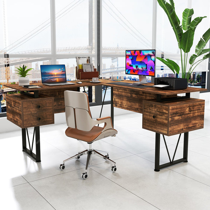 L-shaped Computer Desk with Power Outlets 3 Storage Drawers-