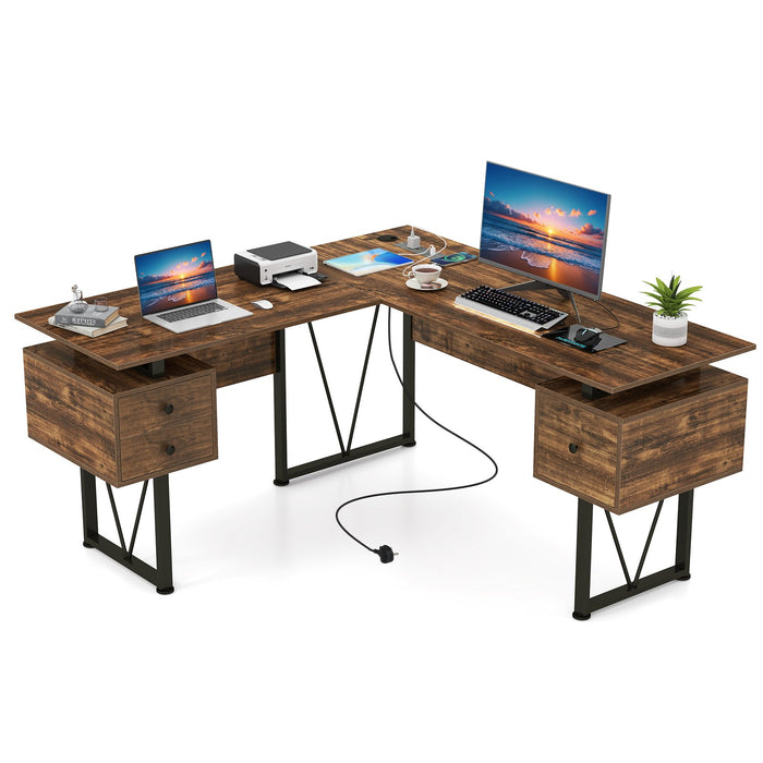L-shaped Computer Desk with Power Outlets 3 Storage Drawers-