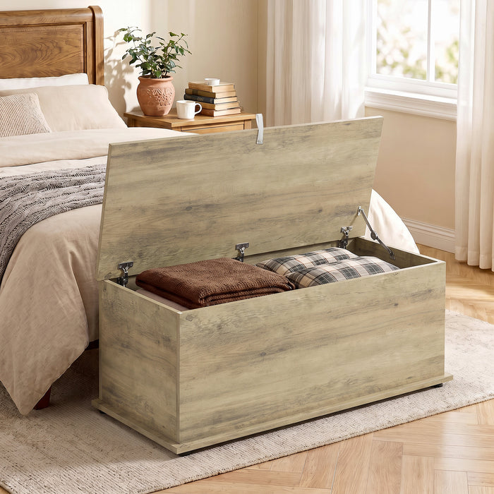 HOMCOM Large 114L Storage Chest Grey Wood Bench Trunk with Safety Lid for Bedroom Hallway and Living Room 100 x 40 x 40cm