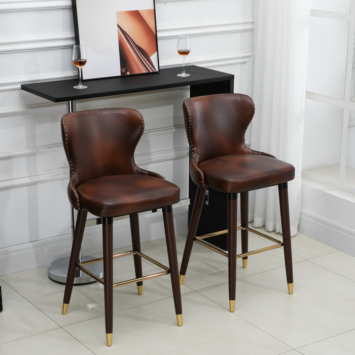 Vintage European Bar Chairs - Set of 2 PU Leather Counter-Height Stools with Backrest, Brown and Gold - Elegant Seating for Home Kitchen and Entertainment Spaces