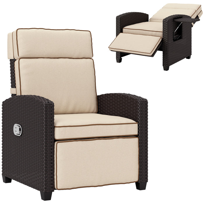 Outsunny Rattan Garden Recliner Chair, Adjustable Backrest Reclining Rattan Chair with Flip Table, Cushion and Footrest, Indoor Outdoor Lounge Reclining Sun Lounger for Patio, Dark Brown/Khaki