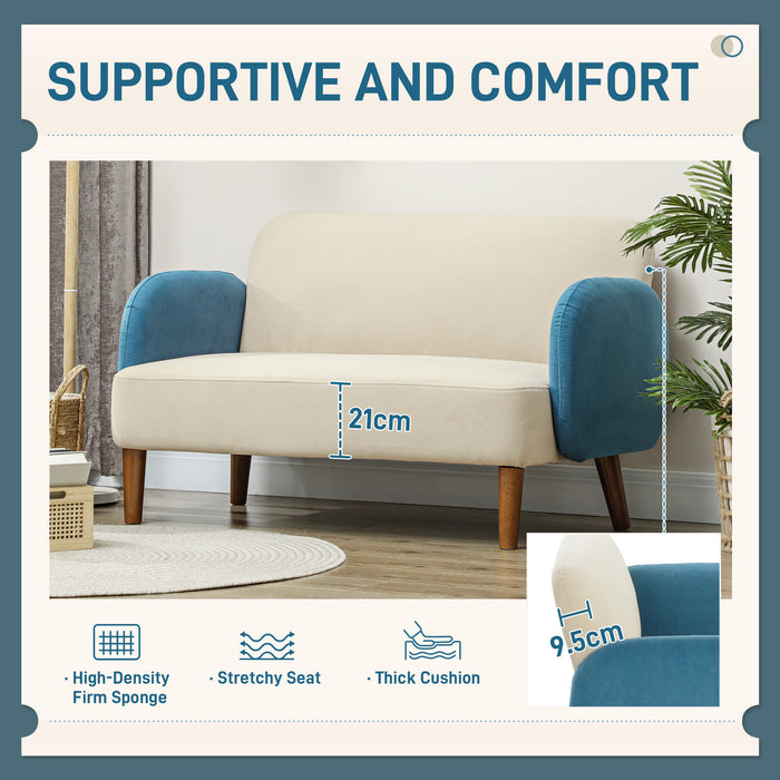 HOMCOM Small 2 Seater Sofa, Modern Nordic Loveseat Sofa Couch with Rubber Wood Legs, Velvet Fabric Sofa for Living Room, Bedroom, Small Space, 128 x 71 x 74cm, Cream White and Blue