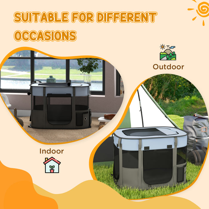 Foldable Canine Playpen - Indoor/Outdoor Portable Pet Enclosure with Carrying Case - Ideal for Puppy Play and Training, Grey
