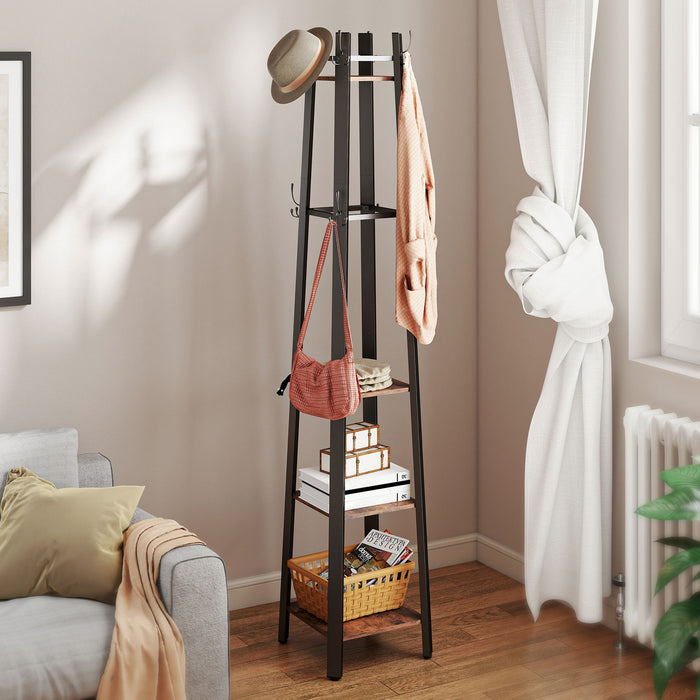 HOMCOM Industrial Coat Stand with 8 Hooks and 4 Shelves - Rustic Brown