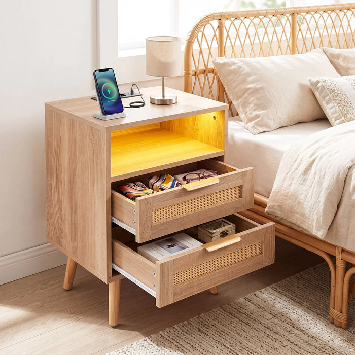 LED Lights Rattan Bedside Table with Charging Station 2 Drawers and Open Storage-Oak