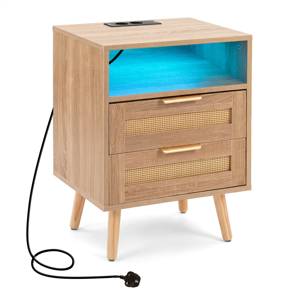 LED Lights Rattan Bedside Table with Charging Station 2 Drawers and Open Storage-Oak