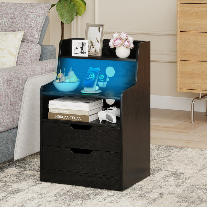 LED Nightstand with Charging Station 2-Drawer Bedside Table with Open Shelf Set of 2-Rustic Brown