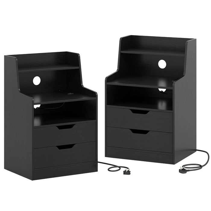 LED Nightstand with Charging Station 2-Drawer Bedside Table with Open Shelf Set of 2-Rustic Brown