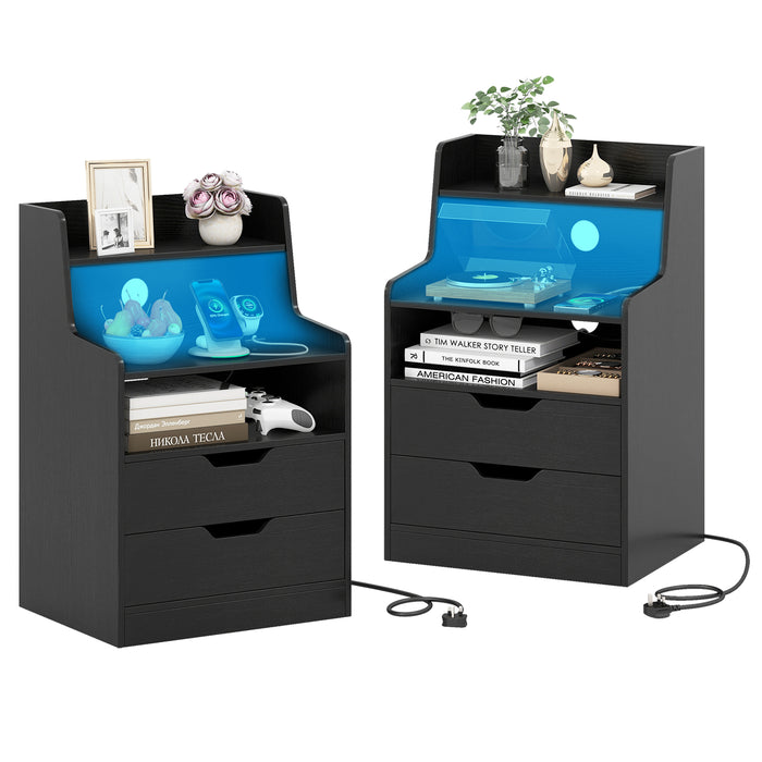 LED Nightstand with Charging Station 2-Drawer Bedside Table with Open Shelf Set of 2-Rustic Brown