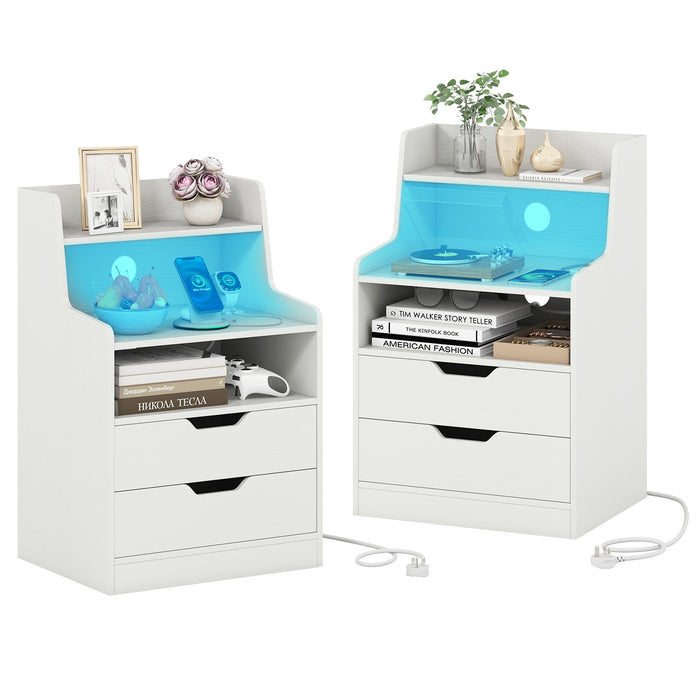 LED Nightstand with Charging Station 2-Drawer Bedside Table with Open Shelf Set of 2-Rustic Brown