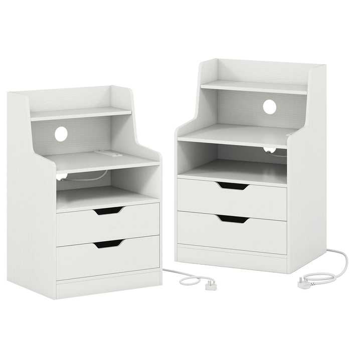 LED Nightstand with Charging Station 2-Drawer Bedside Table with Open Shelf Set of 2-Rustic Brown