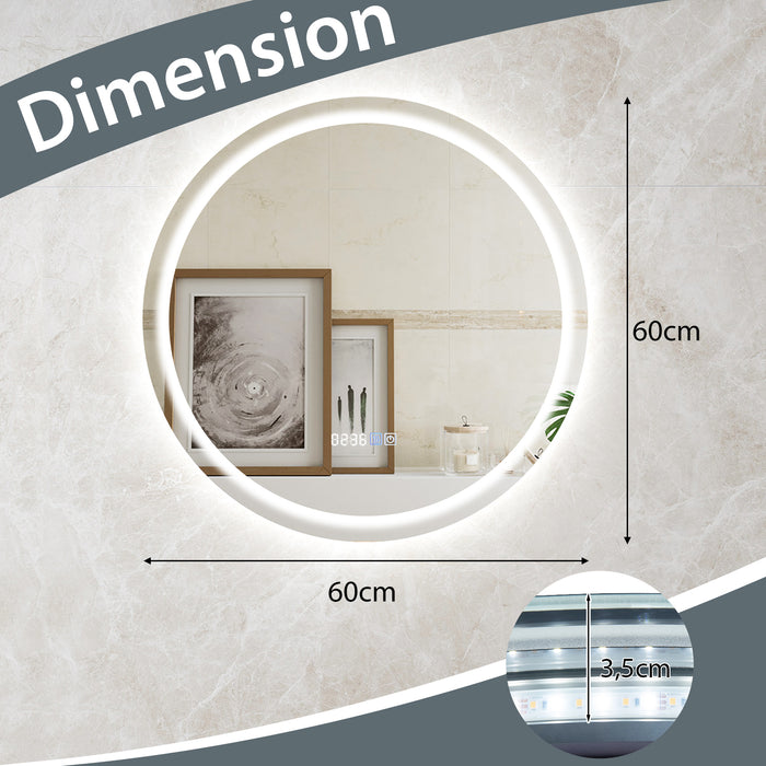 LED Bathroom Mirror with 3-Color Dimmable Lights, Time and Temp Display