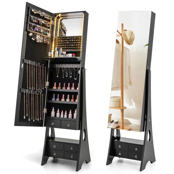 3-Color LED Lighted Jewelry Cabinet with Full-Length Mirror and Adjustable Tilt Angles-Black