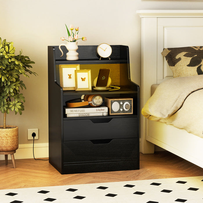 LED Nightstand with Charging Station 2-Drawer Bedside Table with Open Shelf-Rustic Brown