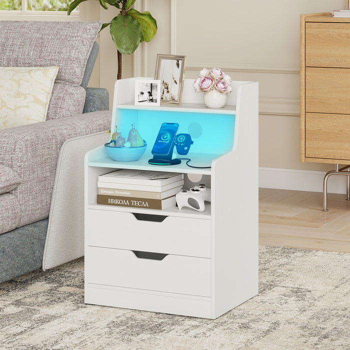 LED Nightstand with Charging Station 2-Drawer Bedside Table with Open Shelf-Rustic Brown