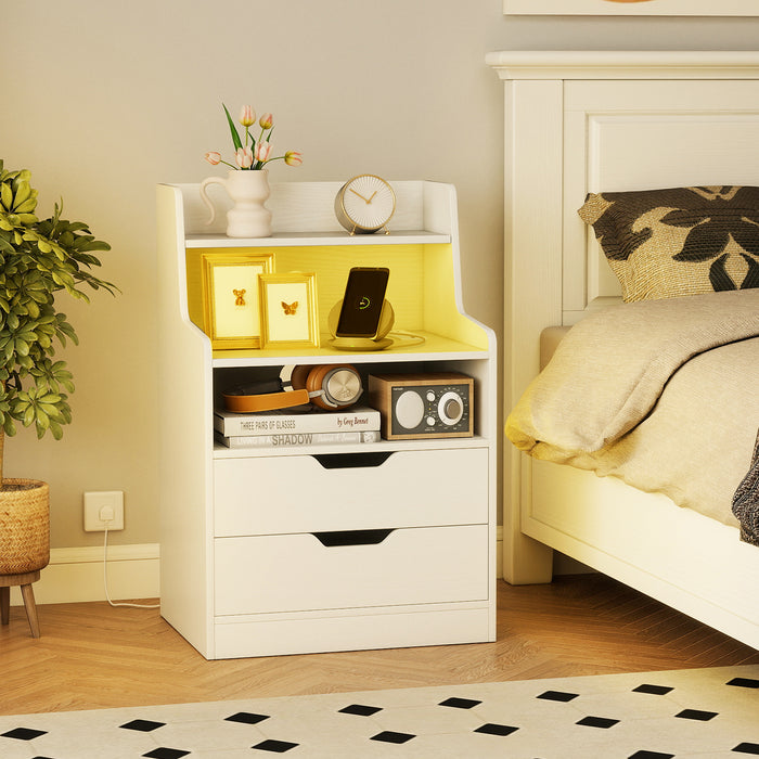 LED Nightstand with Charging Station 2-Drawer Bedside Table with Open Shelf-Rustic Brown