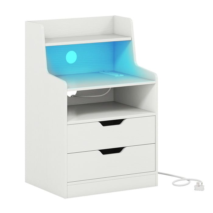 LED Nightstand with Charging Station 2-Drawer Bedside Table with Open Shelf-Rustic Brown