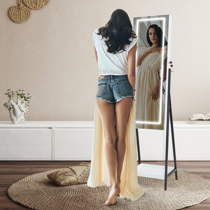 LED Standing Jewelry Mirror Cabinet with 3-Color Lighted Full-Length Mirror-White
