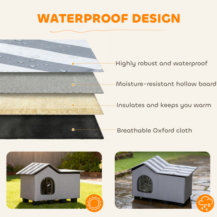 PawHut Outdoor Cat House, Weather Resistant Feral Cat Cave with Elevated Base and Cushion for Winter, Grey